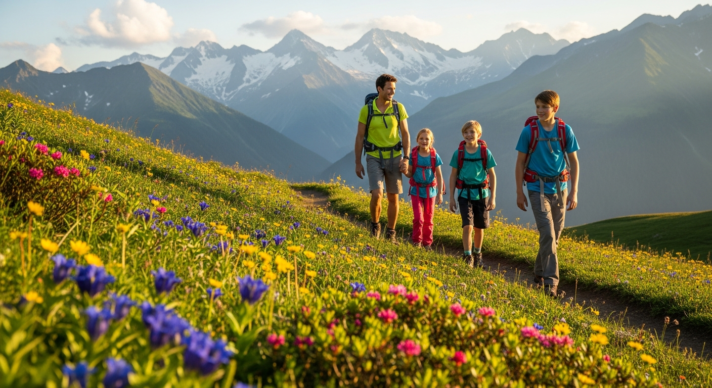 French Alps mountain landscape with summer hiking trails and alpine village