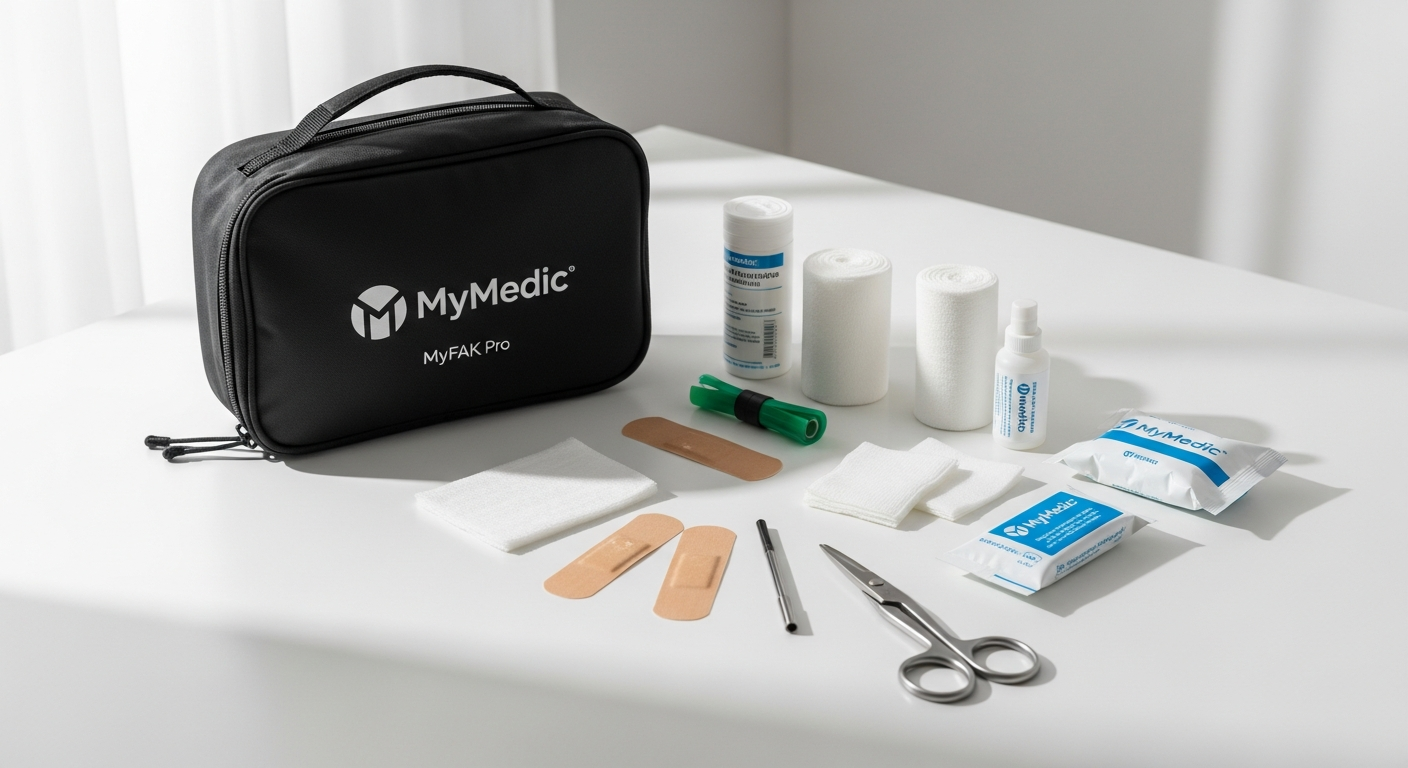 MyMedic MyFAK Pro first aid kit open displaying organized trauma medical supplies