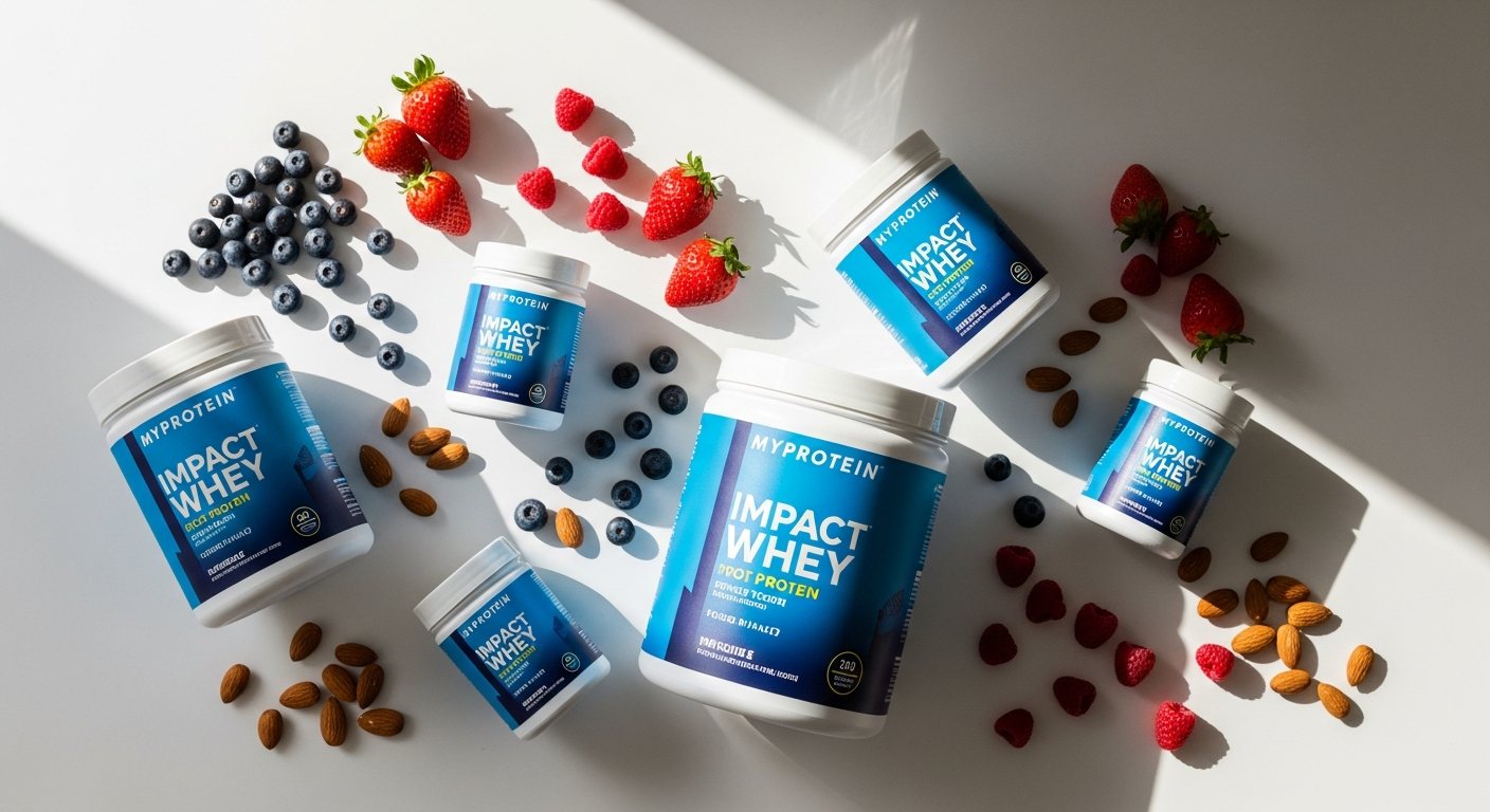 Myprotein Impact Whey Protein Powder container with scoop and shake
