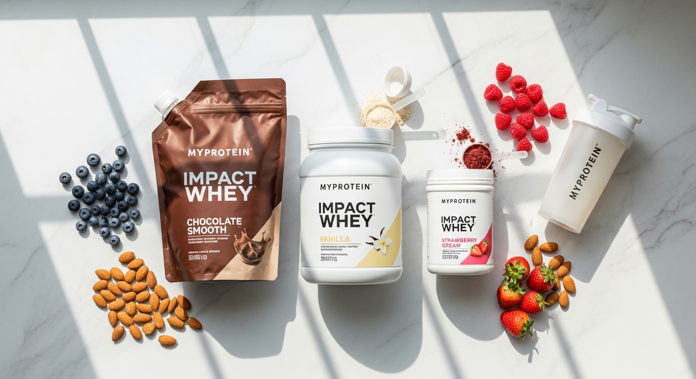 Myprotein Impact Whey Protein Powder container with scoop and nutritional information displayed