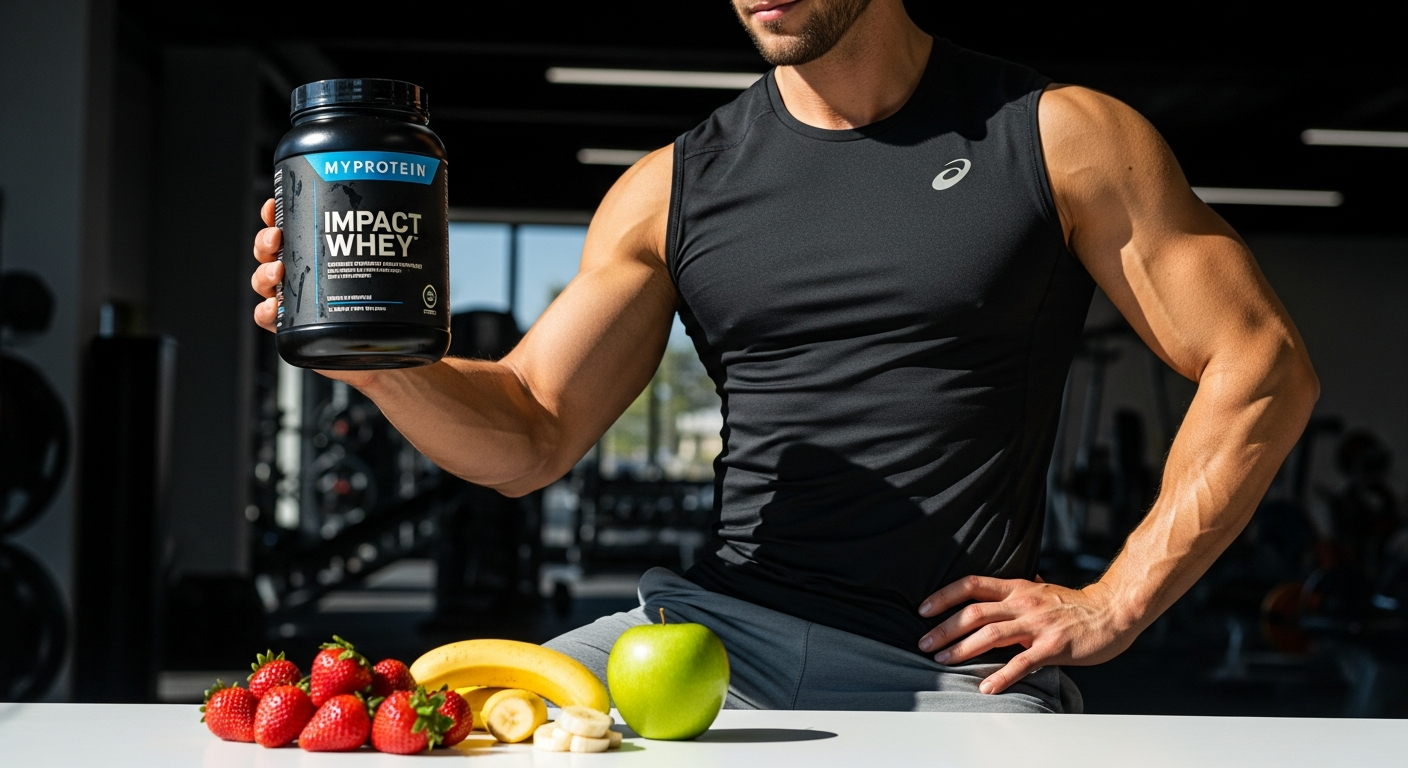 Myprotein Impact Whey Protein Powder scoop with shaker bottle and dumbbells