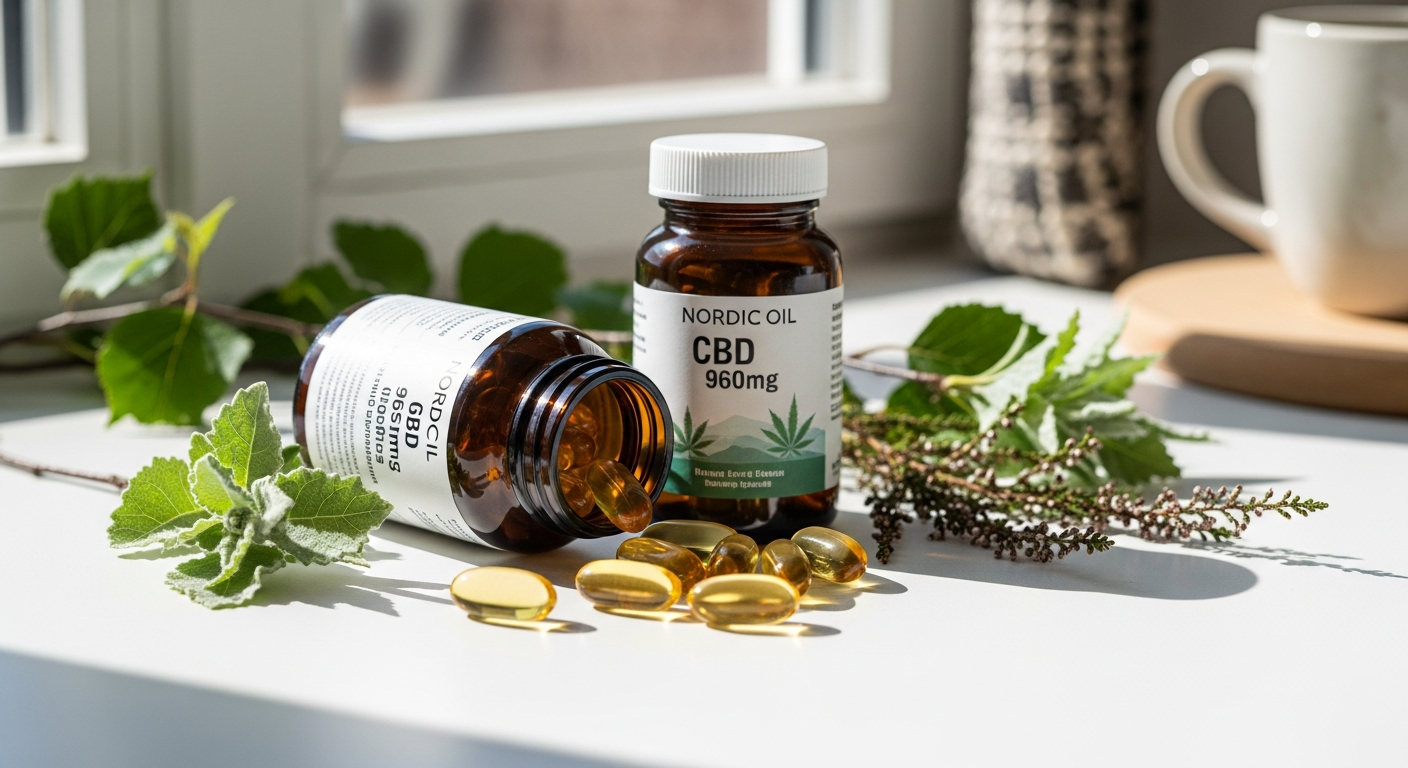 Nordic Oil 960mg CBD capsules in blister pack with liposomal formula displayed