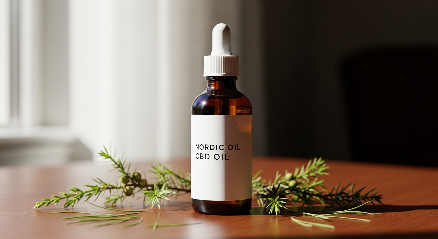 Nordic Oil CBD oil bottle with dropper on white background with hemp leaves