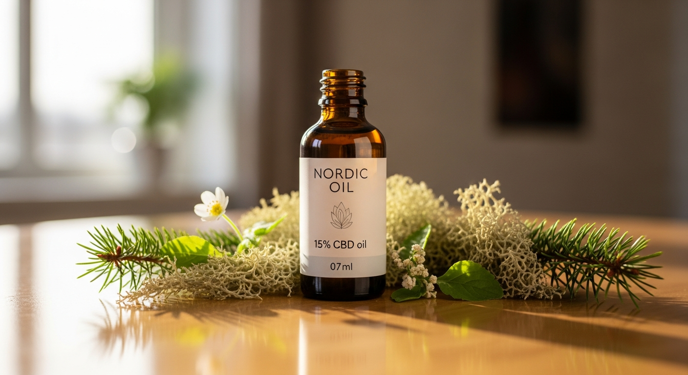 Nordic Oil Premium 15% Full Spectrum CBD Oil Plus bottle with dropper on white background