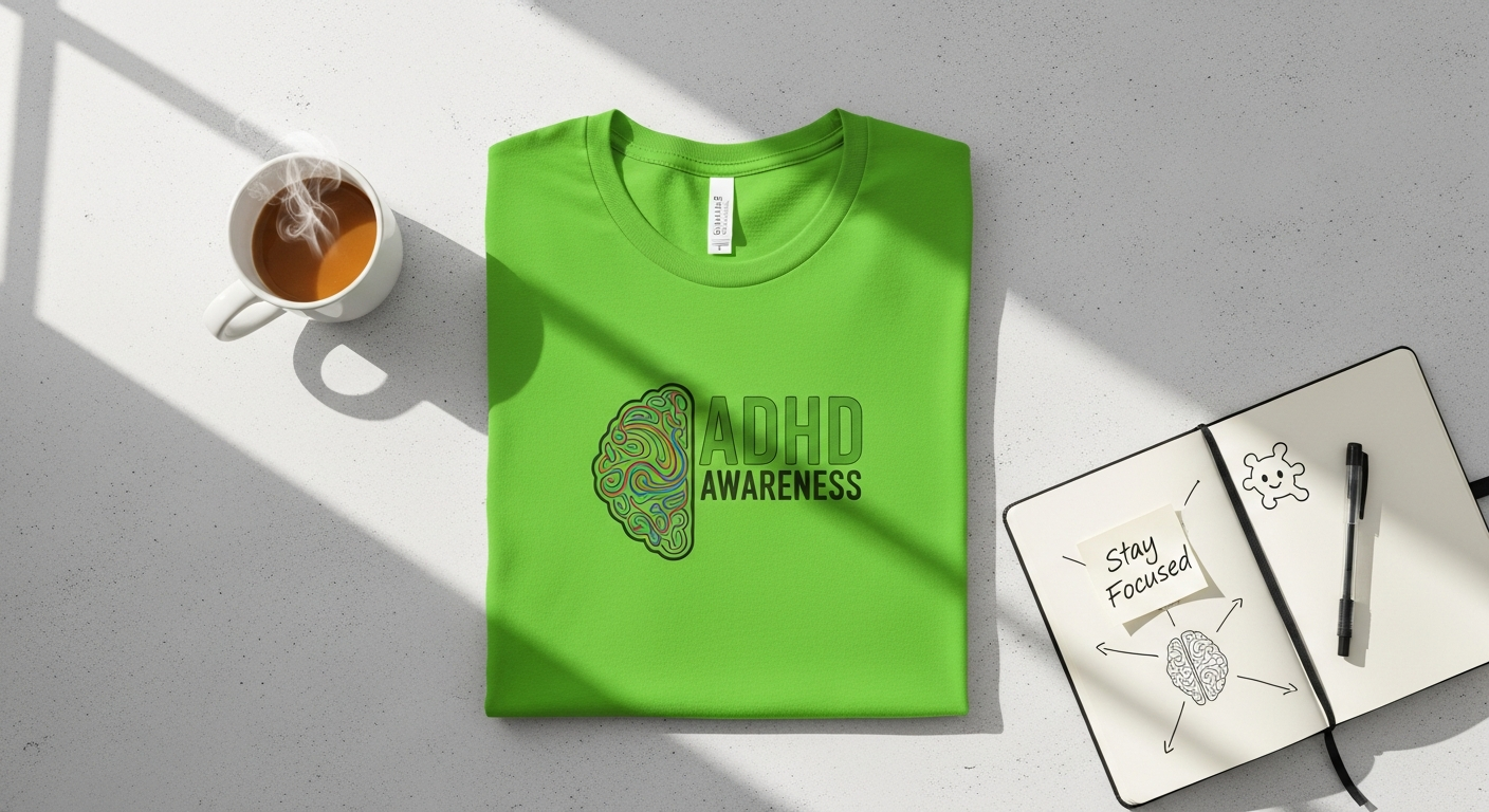 Green graphic ADHD awareness t-shirt displayed on white background