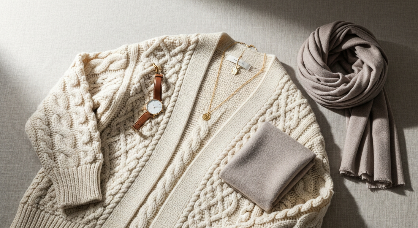 Elegant woman wearing classic knit cardigan in neutral tone