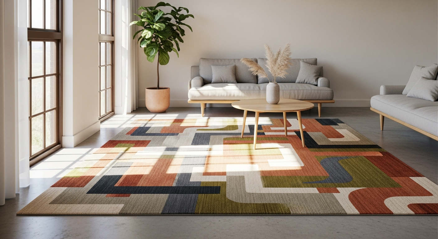 Modern Acsento Lipari Terra rug in earthy terra tones displayed in contemporary living room setting