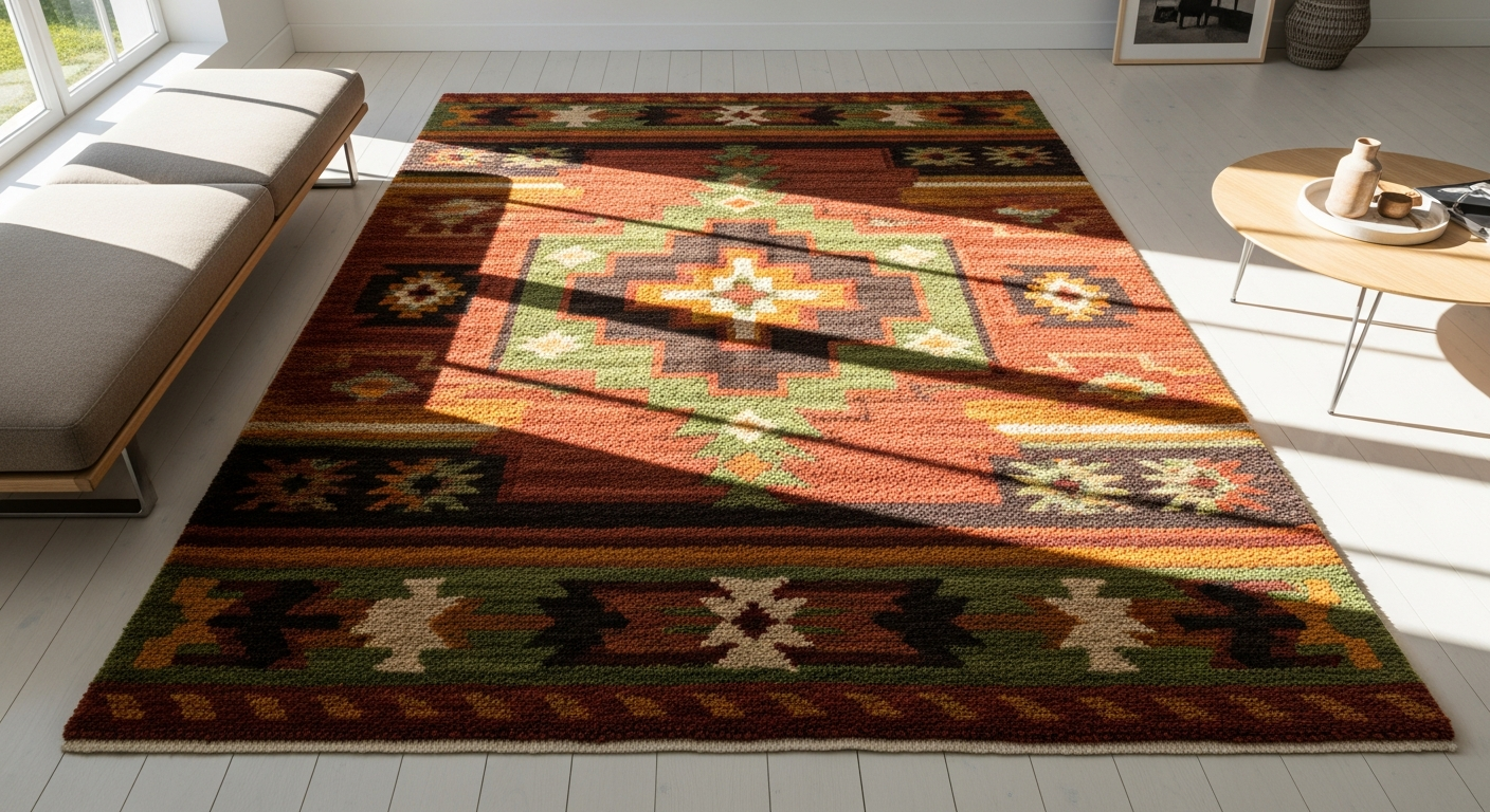 Hand-tufted Acsento Lipari Terra wool rug with warm orange and clay tones in modern living room