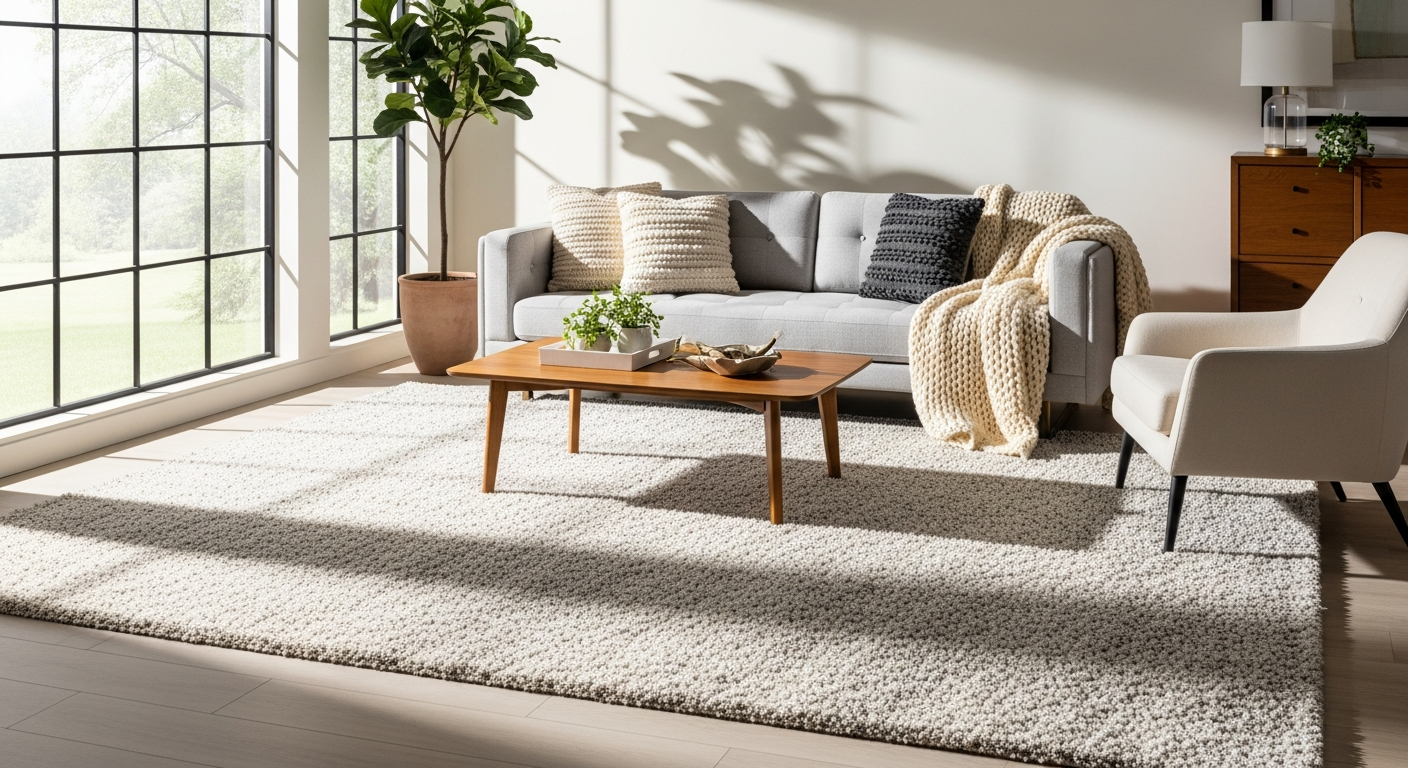 Luxe Zachte Hoogpolig Vloerkleed plush high-pile rug in neutral cream color on wooden floor