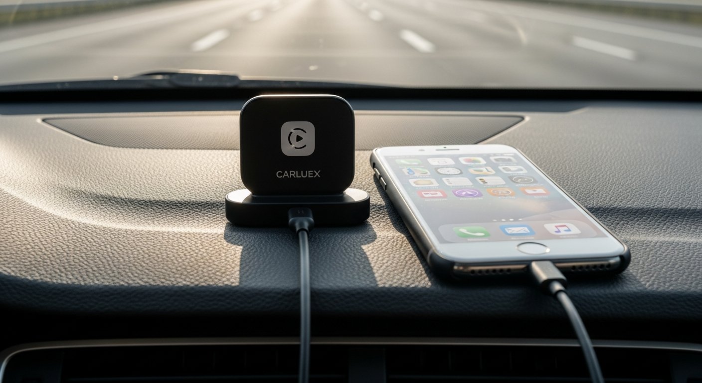 CARLUEX Wireless CarPlay Android Auto Adapter mounted in modern car dashboard display