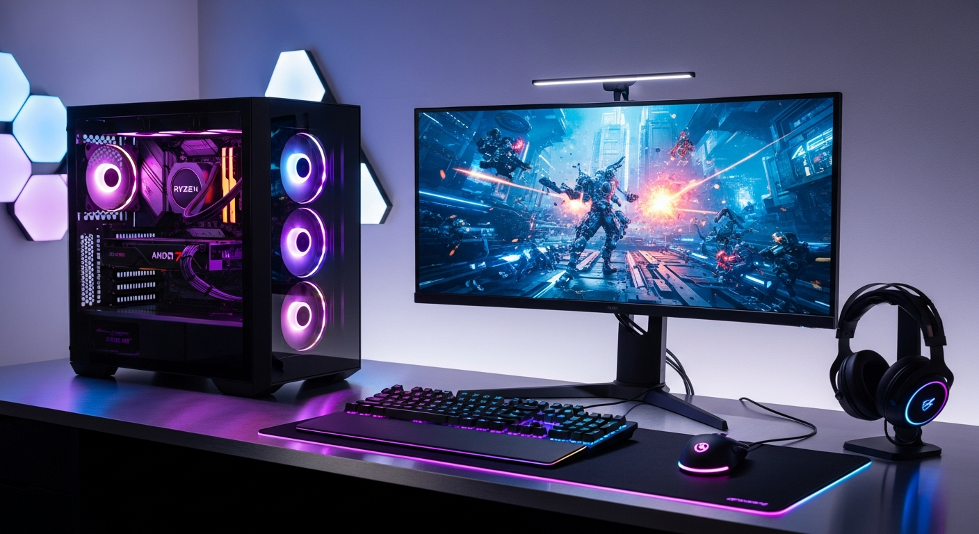 PcCom Ready AMD Ryzen 7 gaming PC tower with RGB lighting and tempered glass side panel