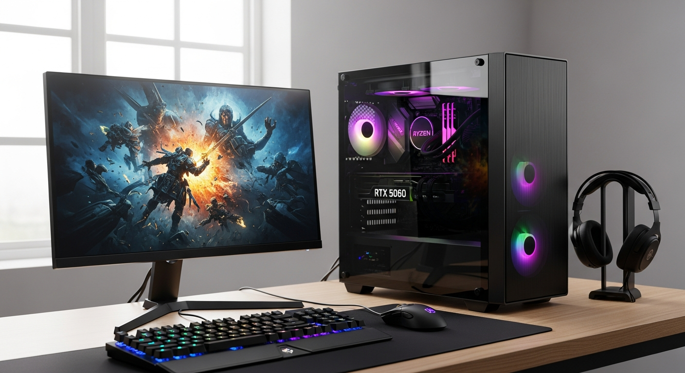 PcCom Ready Gaming PC with Ryzen 7 processor and RTX 5060 graphics card setup