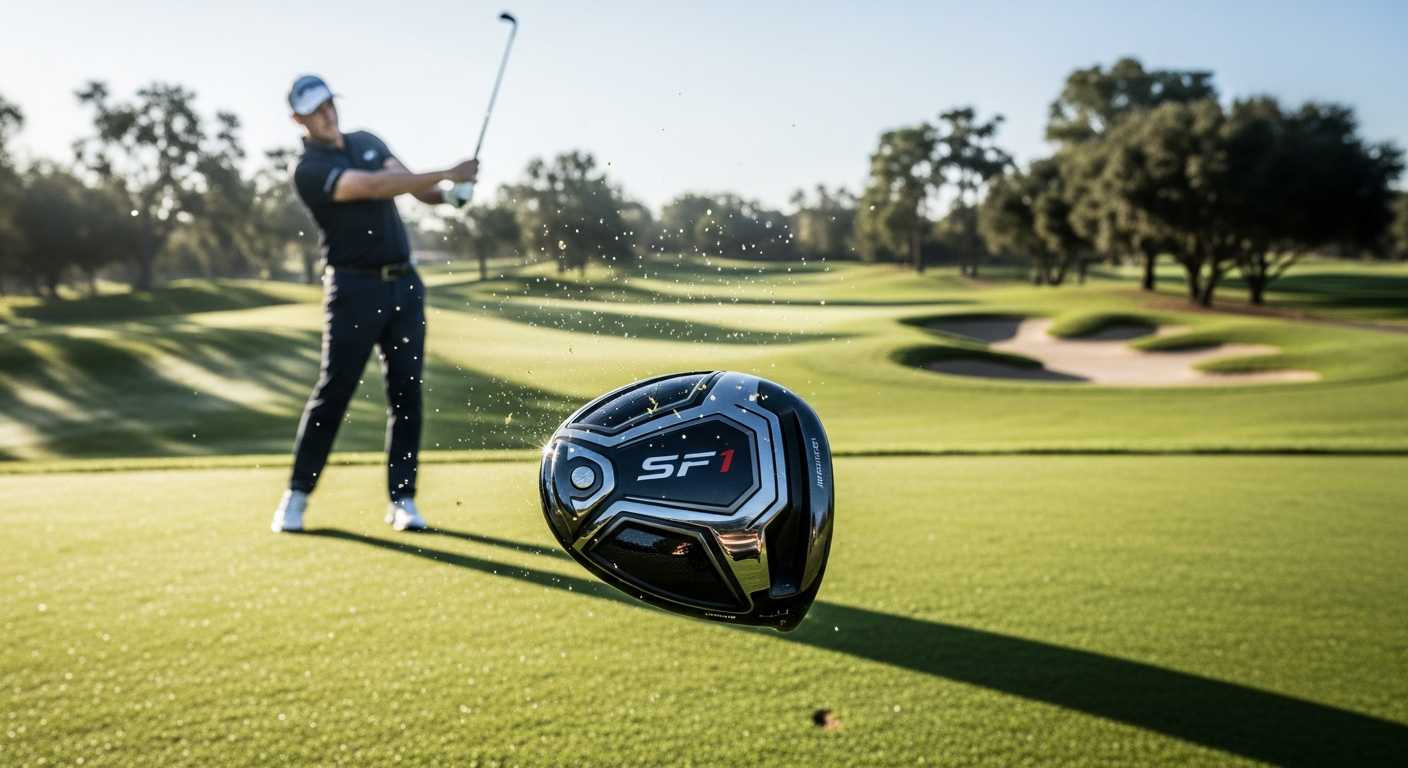 Performance Golf SF1 Driver anti-slice technology close-up showing AeroSquare crown design