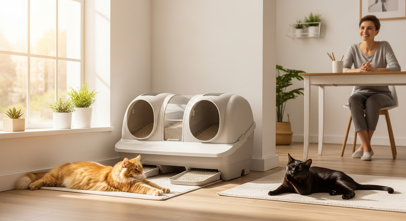 PetPivot AutoScooper self-cleaning litter box with open-top design for multiple cats