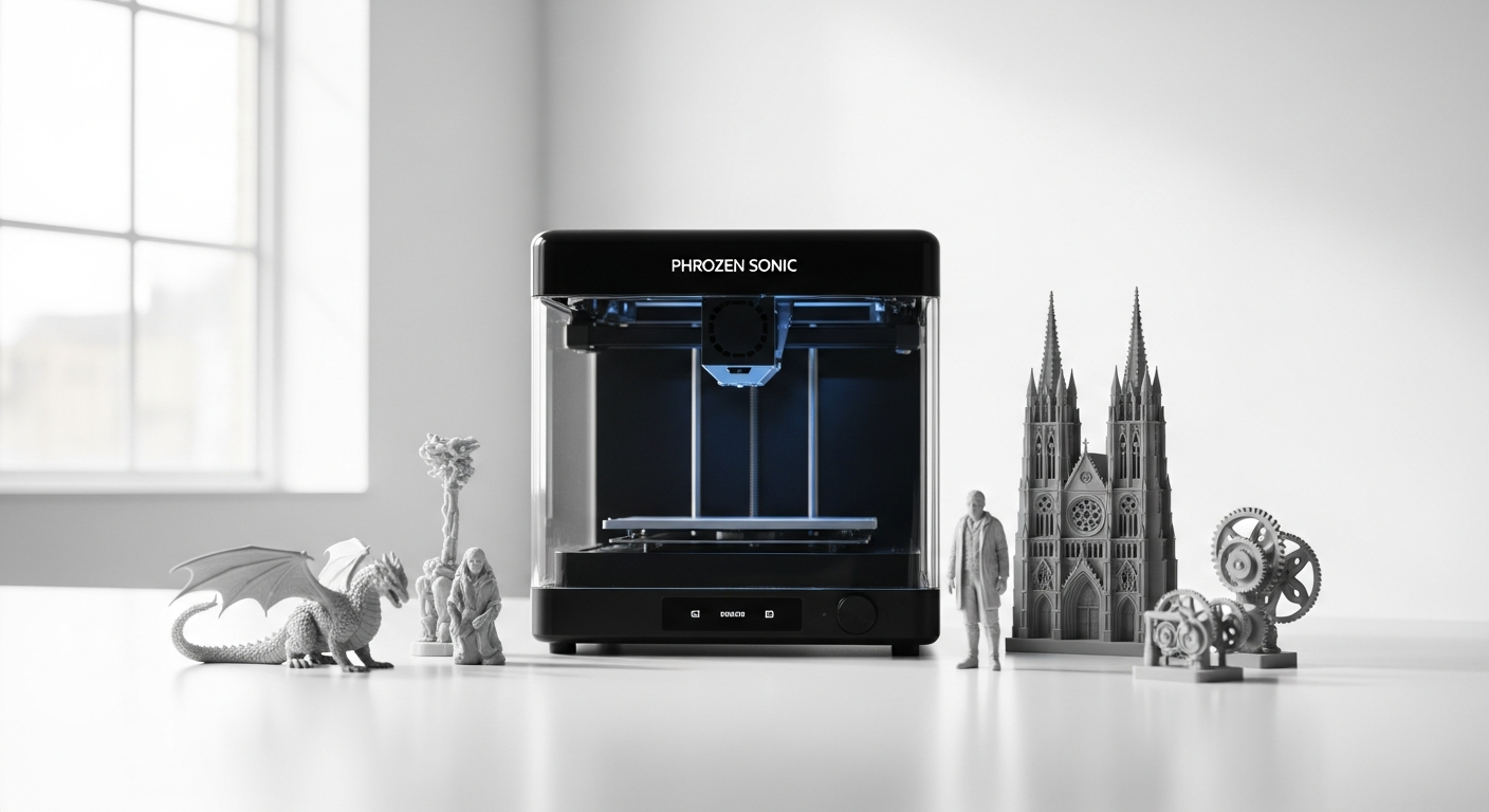 Phrozen Sonic Mighty 8K resin 3D printer with detailed gaming miniatures on build plate
