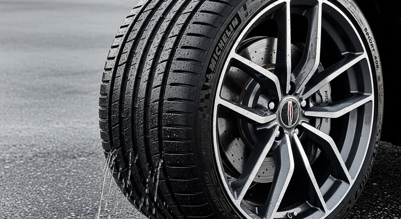 Michelin Pilot Sport 4S tire on wet road surface with rain droplets and reflective pavement