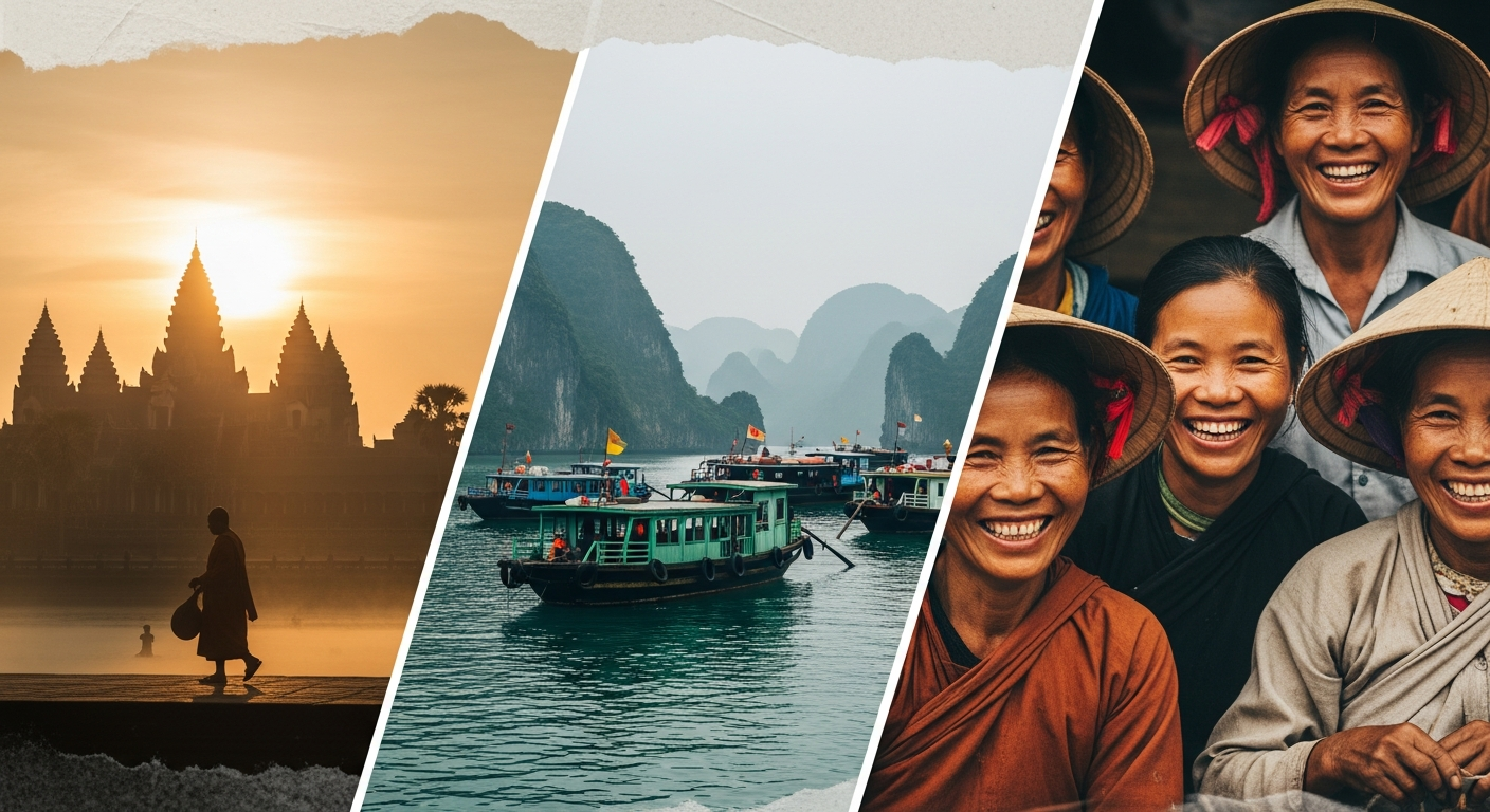 Halong Bay limestone karsts and traditional junk boat in Vietnam waters