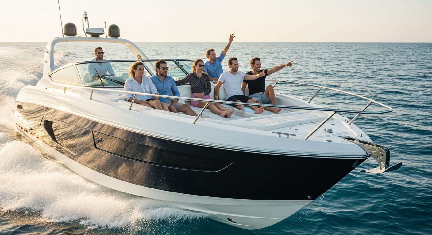 Motorboat cutting through UK coastal waters with passengers enjoying the open sea adventure