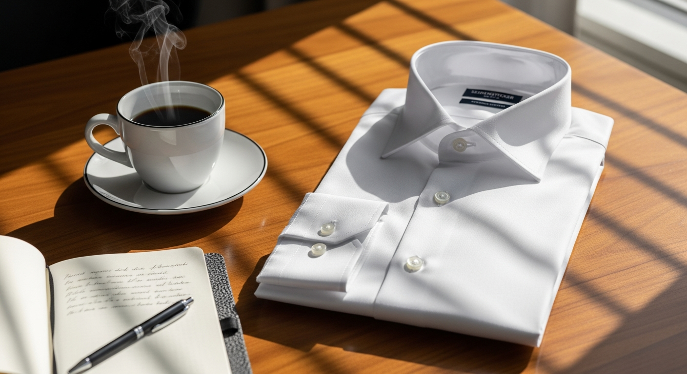 Professional man wearing a crisp Seidensticker non-iron business shirt in light blue