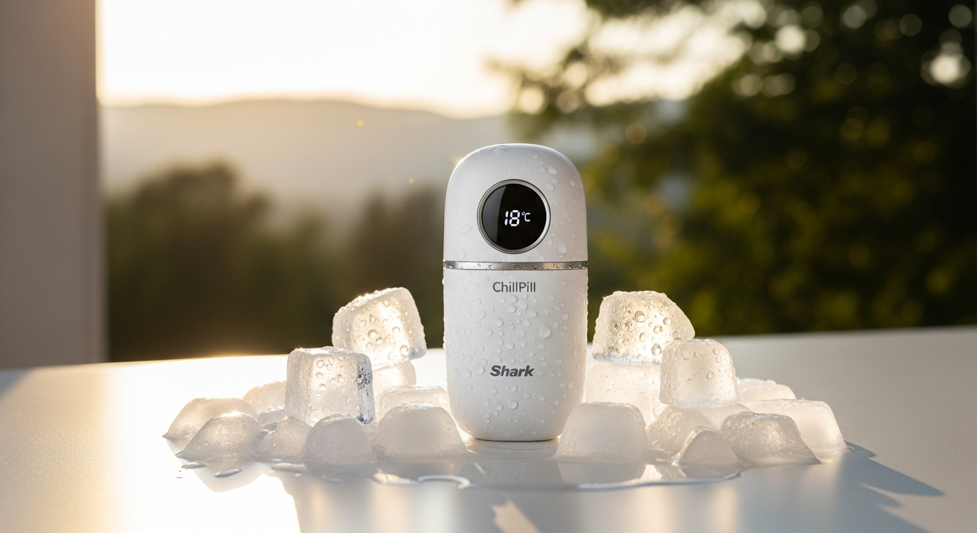 Shark ChillPill 3-in-1 Personal Cooling System device displayed with fan, mist, and cooling plate features
