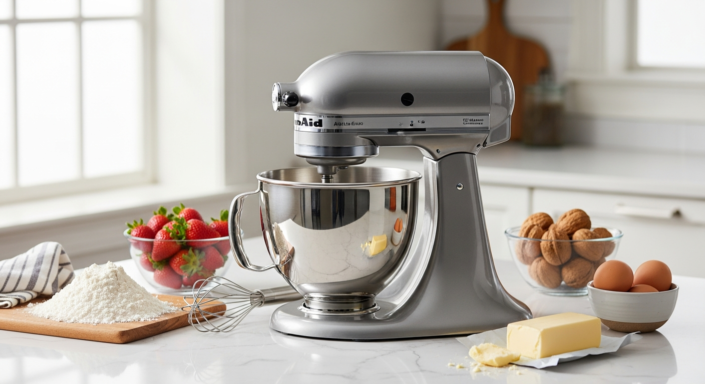 KitchenAid Artisan 5-Quart Stand Mixer with multiple attachments displayed on kitchen counter