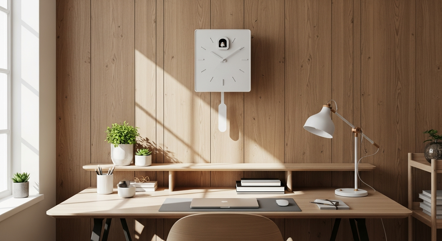 Karlsson Modern Cuckoo Clock with minimalist Scandinavian design on home office wall