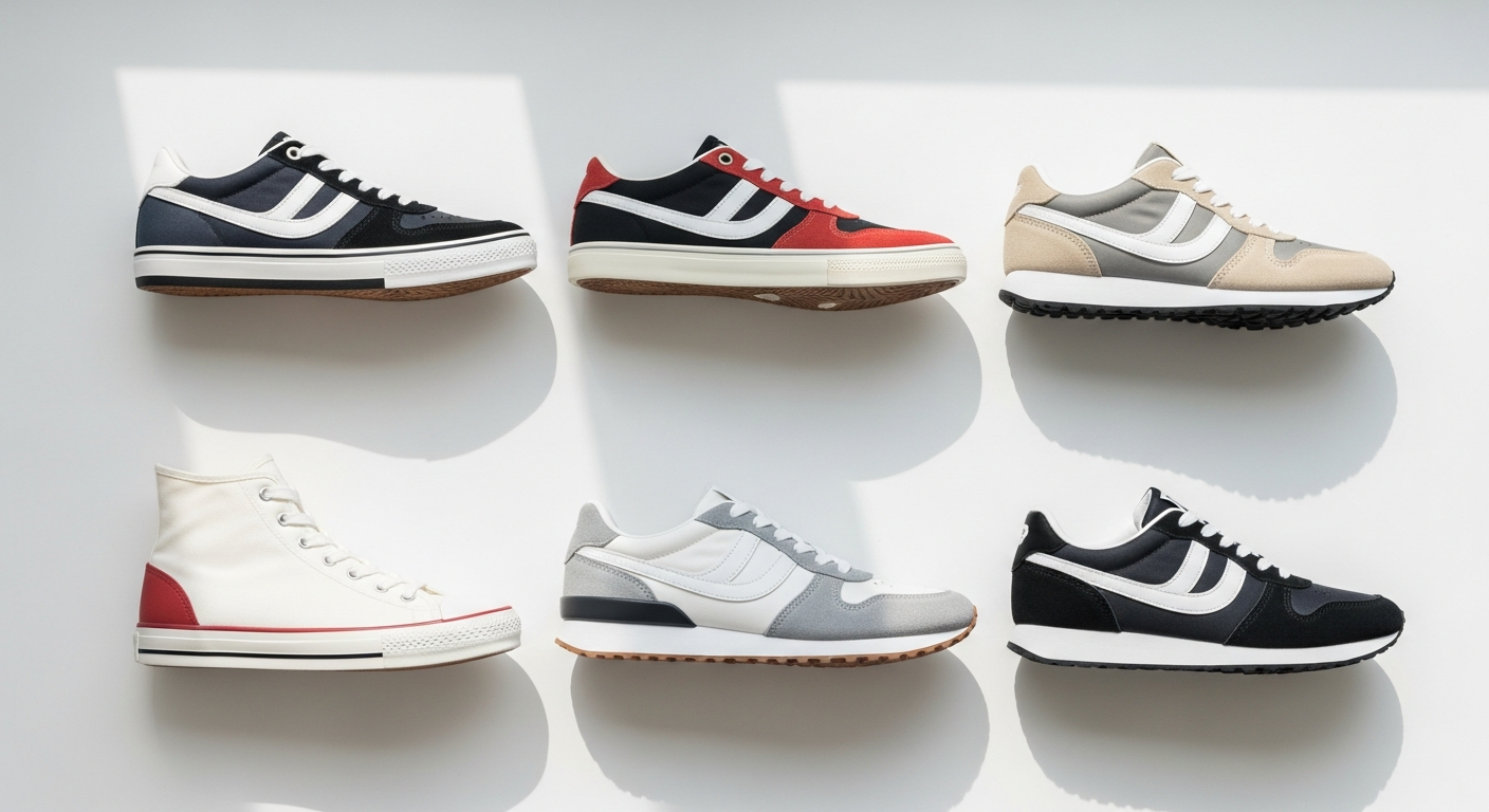 Colorful sneaker collection displayed on white background showing Nike Adidas Jordan