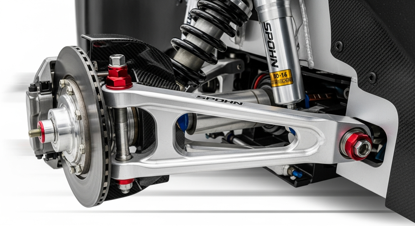Spohn Performance adjustable control arms with Del-Sphere joints displayed on workbench