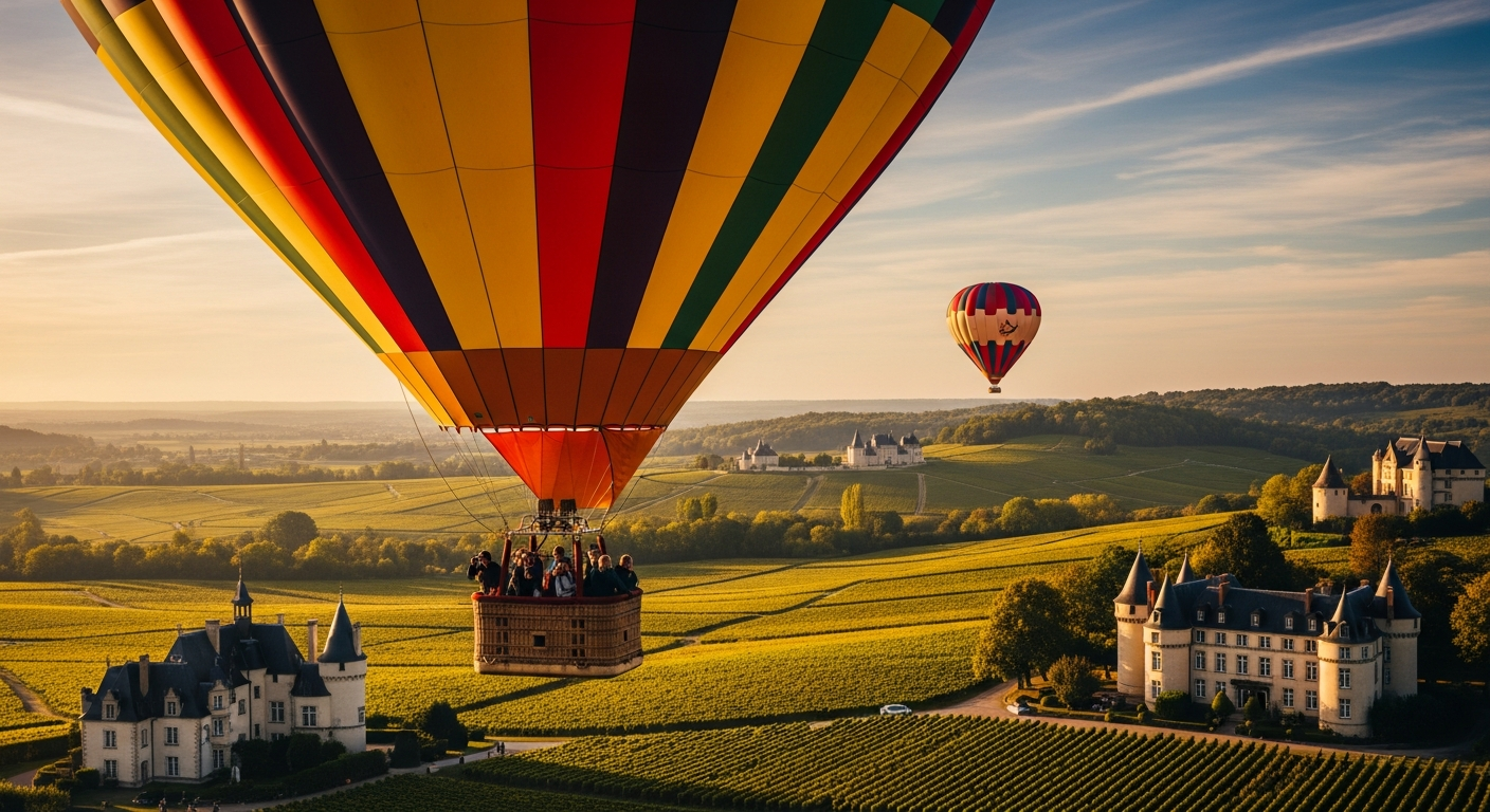 Hot air balloon floating above French vineyards and Loire Valley castles at sunrise