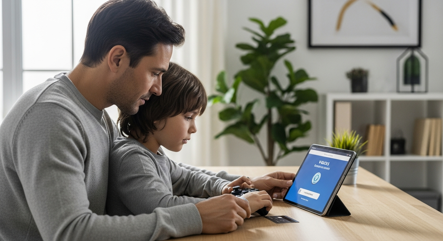 Parent and child discussing Fortnite V-Bucks digital currency purchase safely