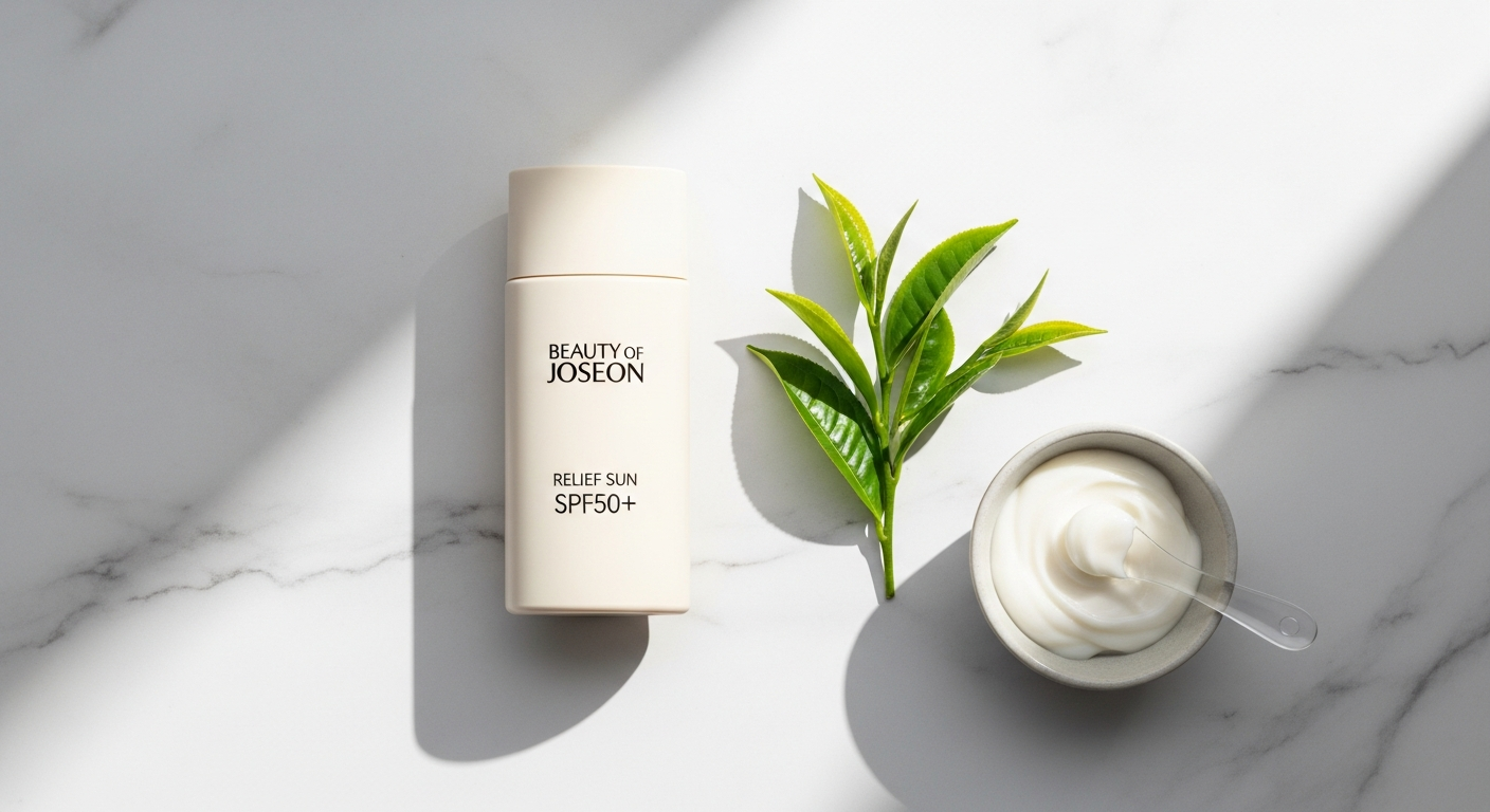 Beauty of Joseon Relief Sun SPF50+ sunscreen bottle with rice and probiotic ingredients displayed