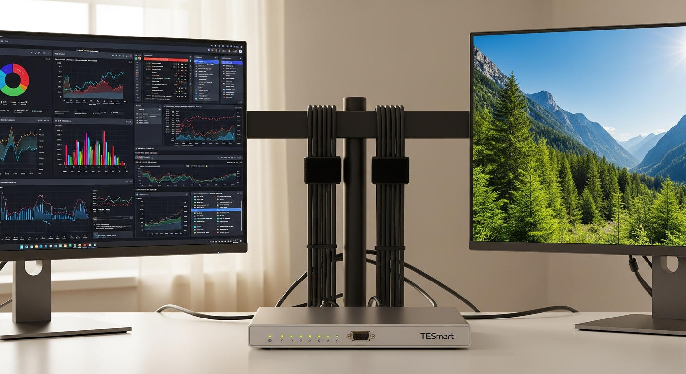 TESmart Dual Monitor 8K KVM Switch with DisplayPort cables and USB connections in professional creative studio