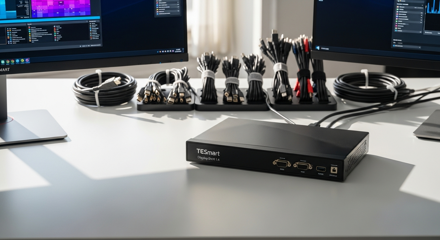 TESmart Dual Monitor KVM Switch DisplayPort 1.4 device with cables and connections