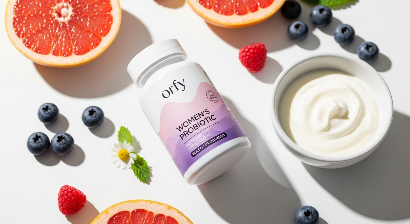 The Orfy Complete Women's Probiotic supplement bottle with capsules displayed