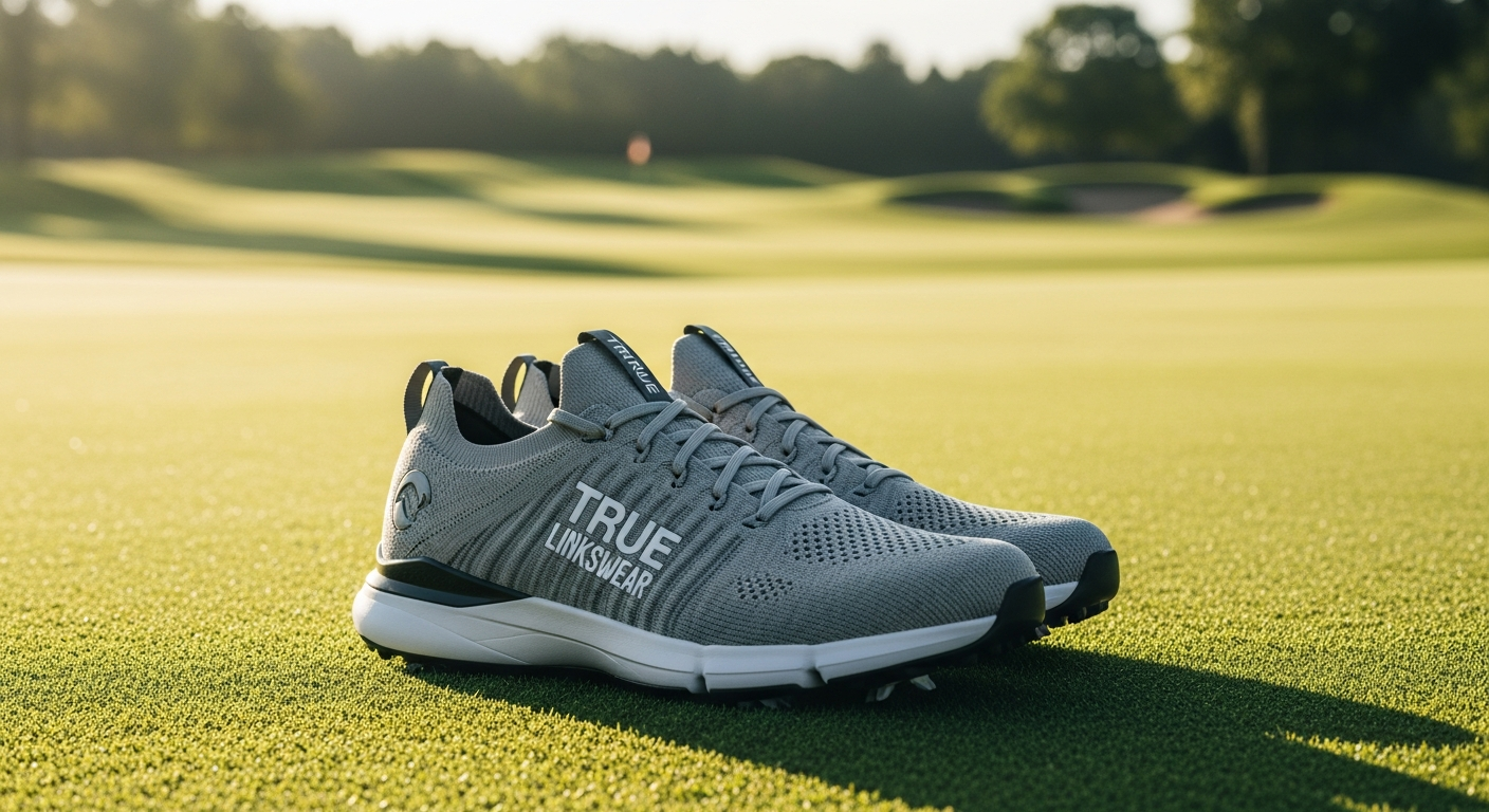 TRUE All Day Knit 4 golf shoes displayed on grass showing breathable knit upper design
