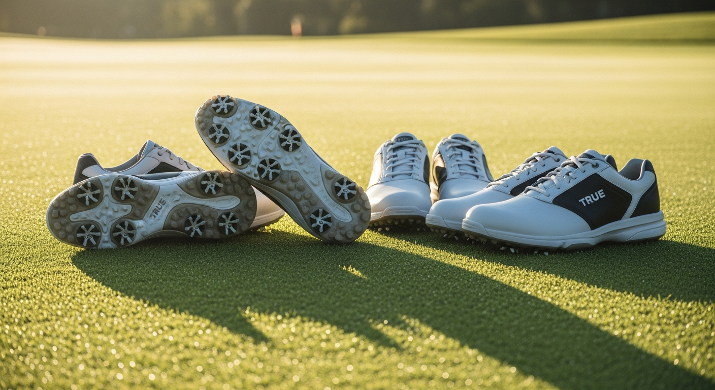 TRUE Original 1.2 golf shoes displayed on grass showing waterproof leather construction