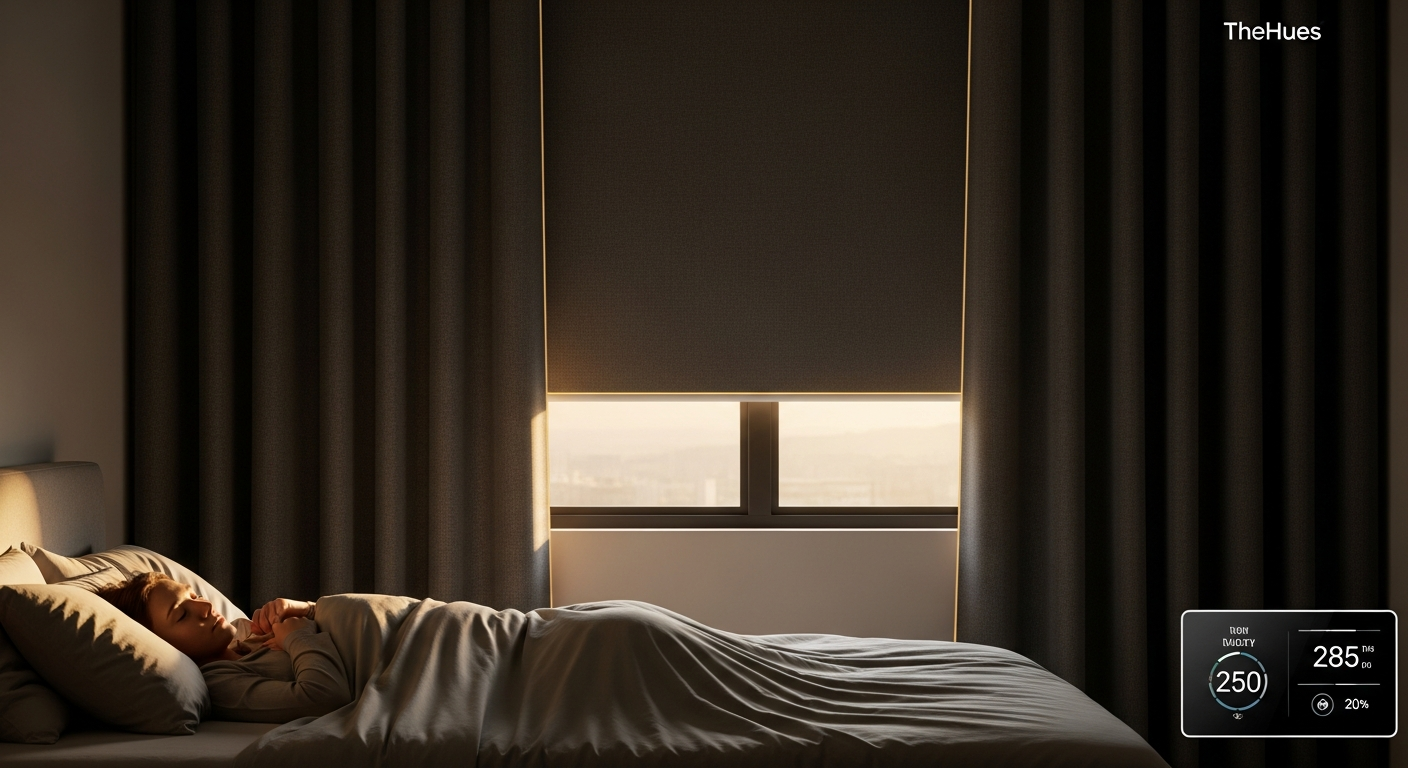 TheHues Custom Blackout Curtains hanging on bedroom window blocking light