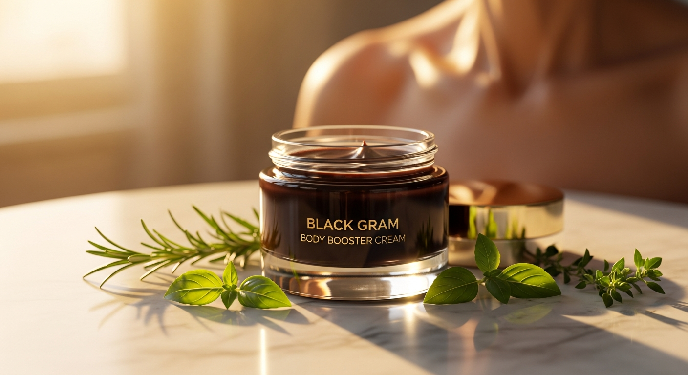 Balaayah Black Gram Body Booster bottle with frankincense and vanilla ingredients displayed