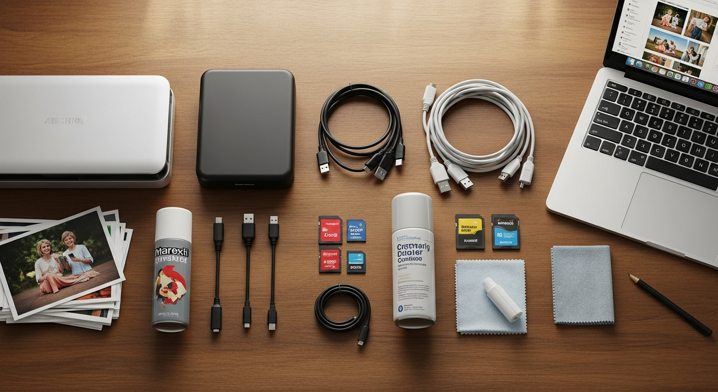 Professional digitization kit with VHS tapes, film reels, and photos ready for conversion