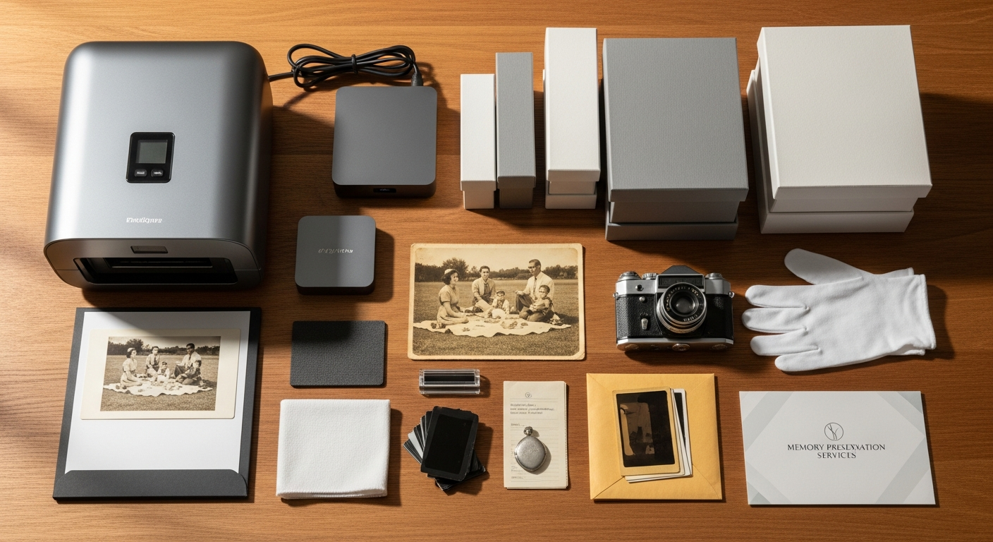 Vintage VHS tapes, photo prints, and cassettes ready for digitization