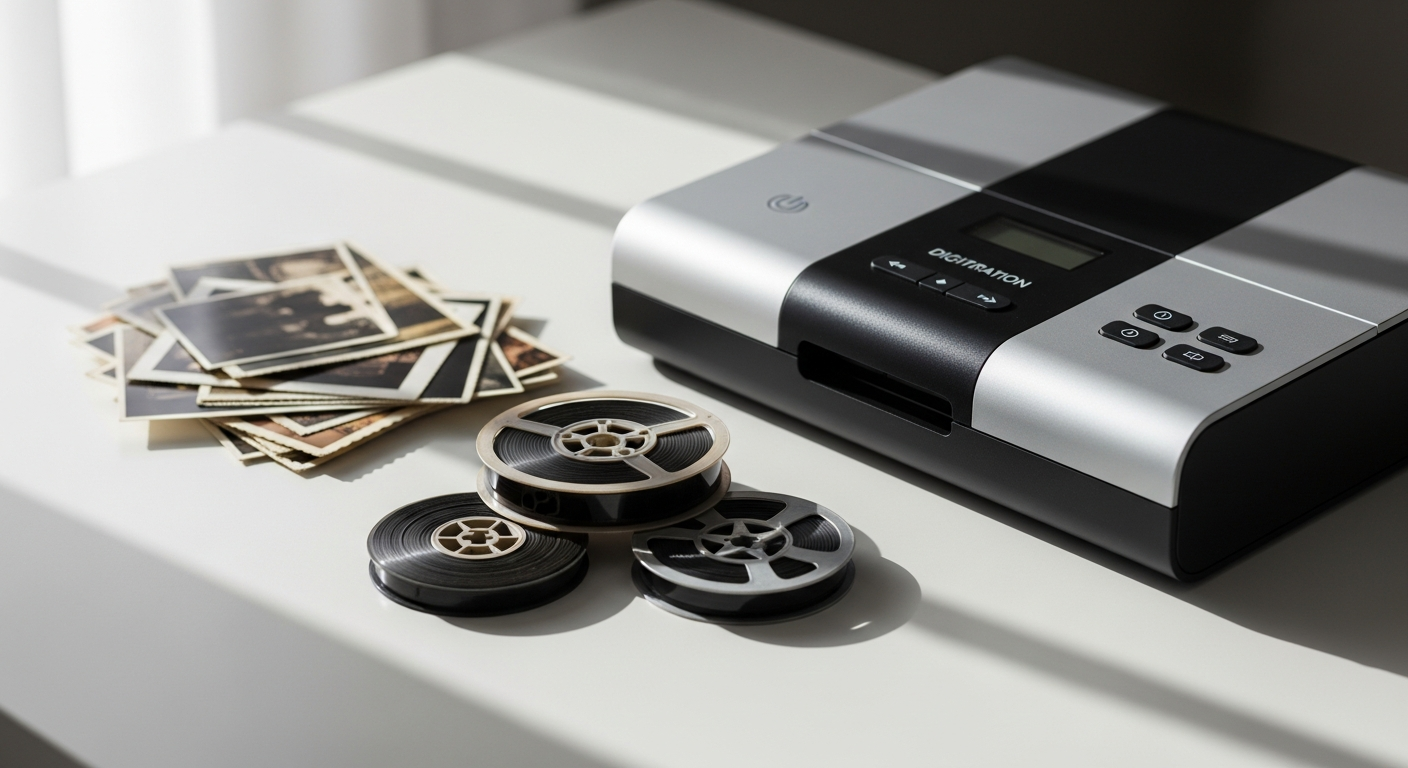 The Digitize Center Digitizing Kit with VHS tapes, film reels, and photos