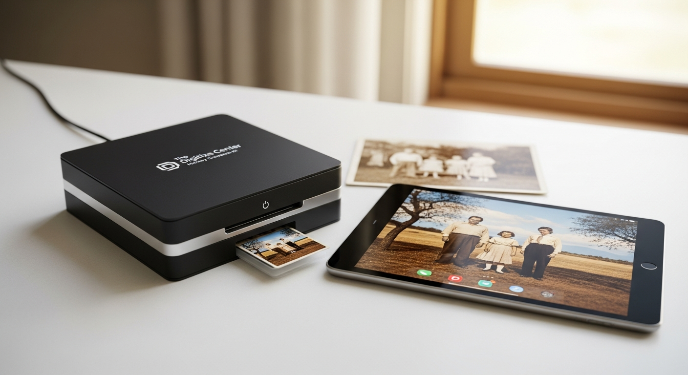Digitize Center Memory Conversion Kit with VHS tapes, film reels, and photographs