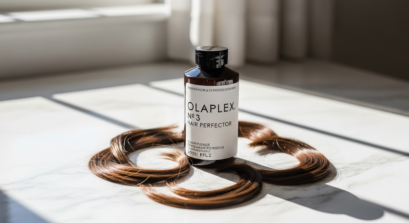 Olaplex No. 3 Hair Perfector Treatment bottle displayed with healthy repaired hair strands