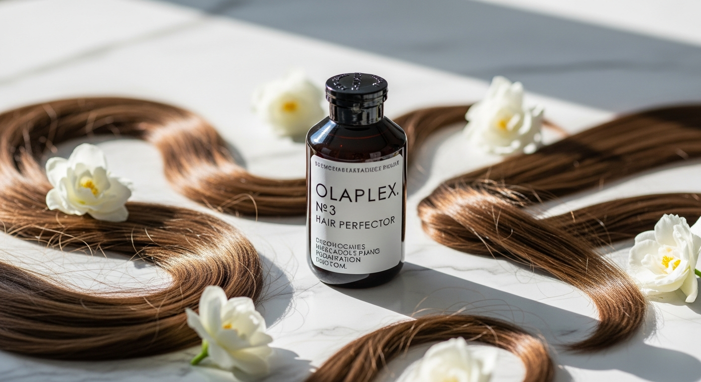 Olaplex No 3 Hair Perfector bottle with damaged hair strands before and after treatment