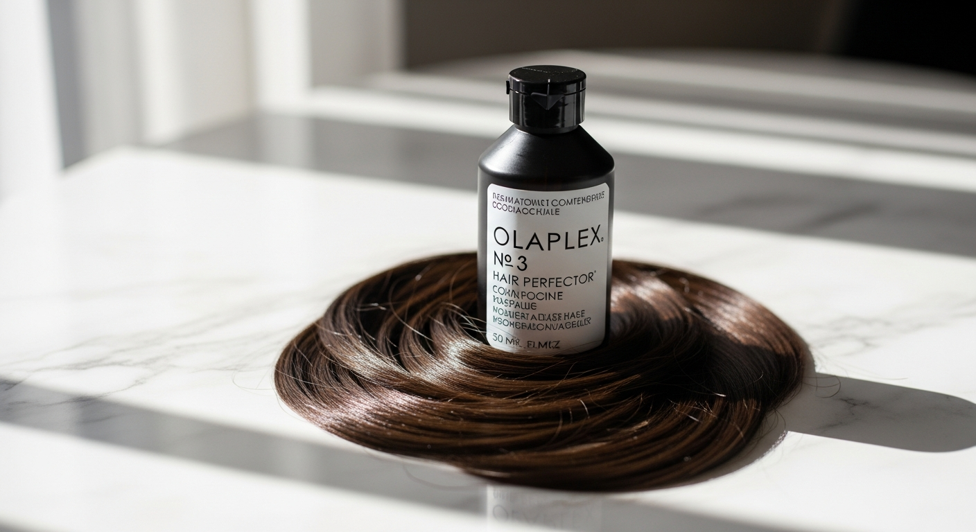 Olaplex No 3 Hair Perfector bottle with damaged blonde hair strands