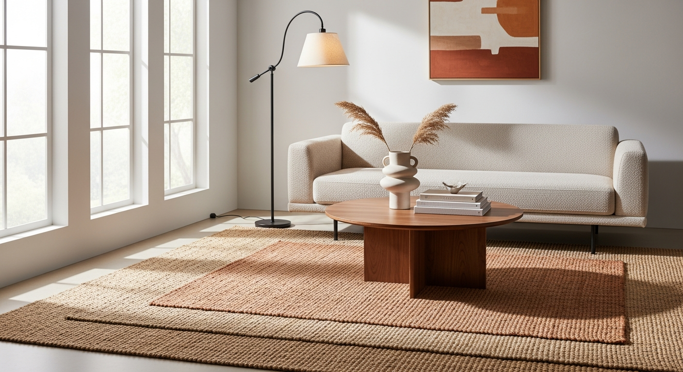 Custom natural fiber area rug in modern living room with L-shaped seating arrangement