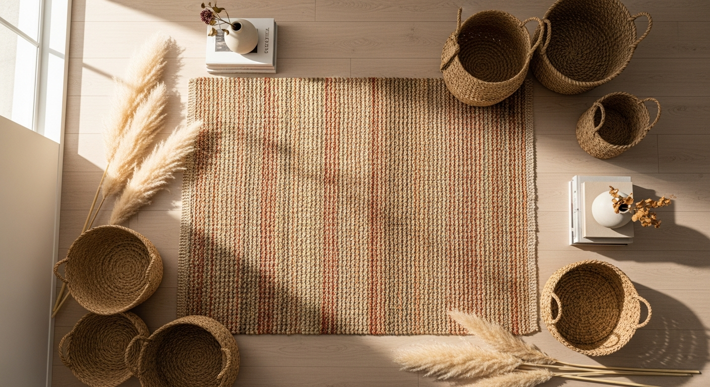 Custom natural fiber area rug in modern living room with furniture placement