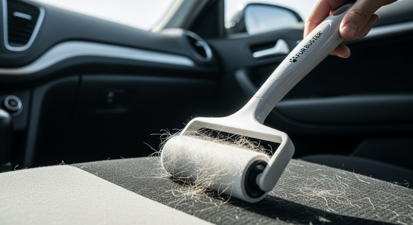Fur Buster Pet Hair Remover Roller removing pet hair from car seat upholstery
