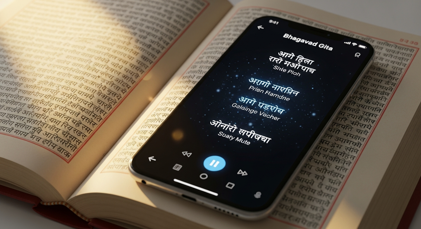 Interactive Talking Bhagavad Gita spiritual book with 3D illustrations and wisdom flute pen technology