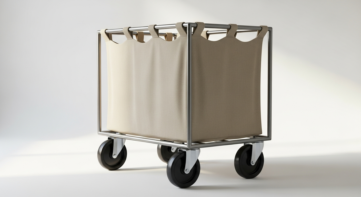 Canvas laundry cart with wheels on wooden floor in modern laundry room